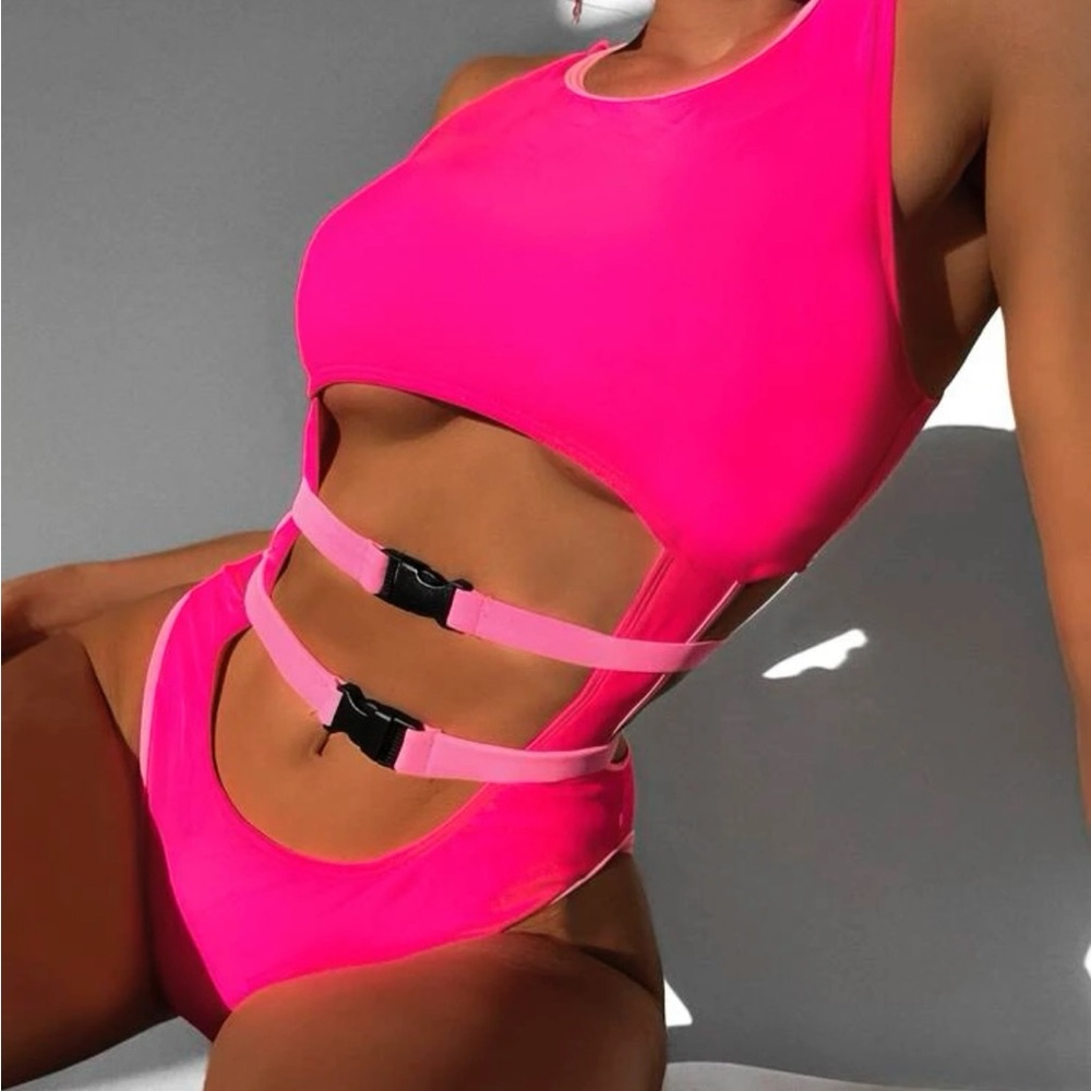 NWT SHEIN neon pink buckle bathing suit
